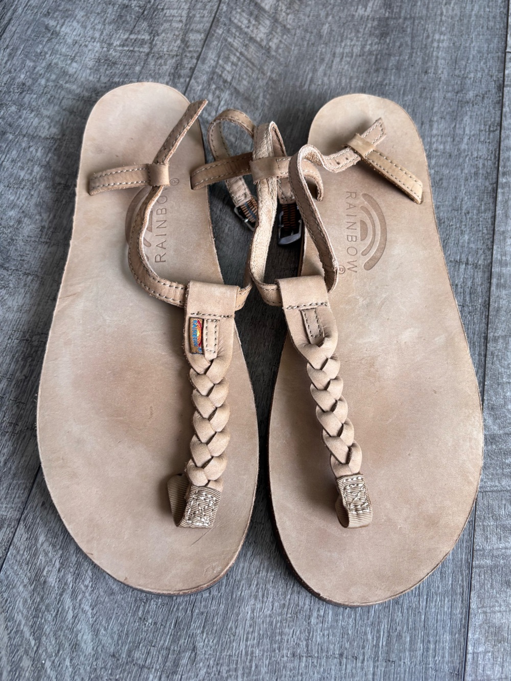 Rainbow Braided Toe-Post Sandals in Tan
